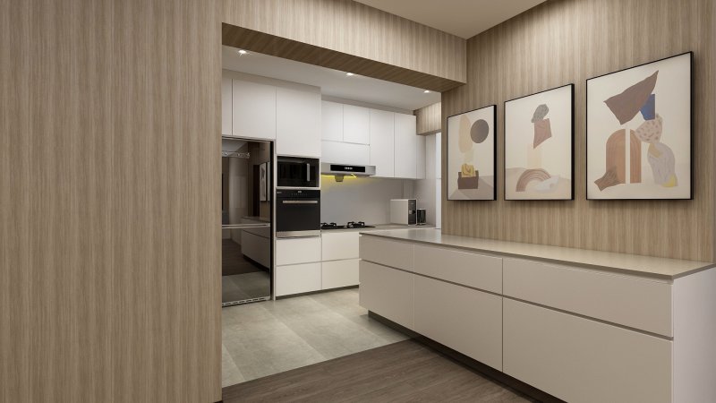 Open Concept Kitchen with wall cladding at Living Room